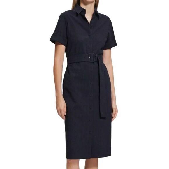 Theory Navy Blue Seersucker Dress Size Large * missing belt - Picture 1 of 13